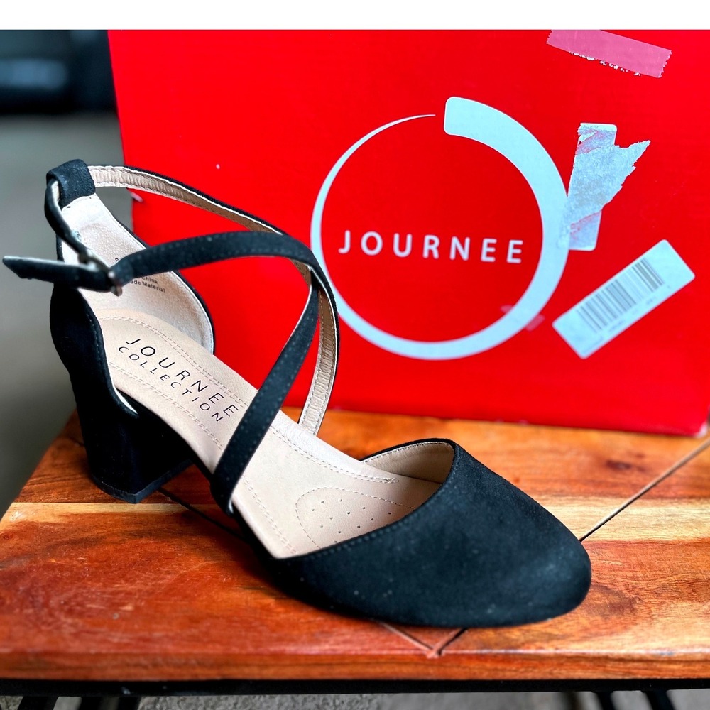 Journee Collection Womens Black Faux Suede Crisscross Ankle Strap Block Heels 7